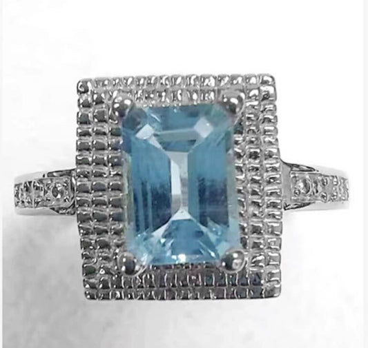 WOMENS 14K WHITE GOLD OVER SOLID STERLING SILVER DIAMONDS & 1.00 CT BABY SWISS BLUE TOPAZ RING