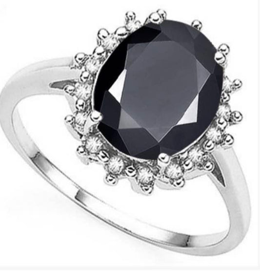 14K WHITE GOLD OVER SOLID STERLING SILVER DIAMONDS & 3.41 CT GENUINE BLACK SAPPHIRE RING