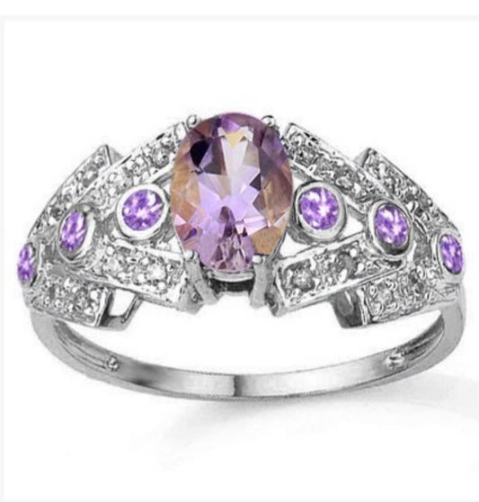 14K WHITE GOLD OVER SOLID STERLING SILVER DIAMONDS & 1.00 CT AMETHYST RING