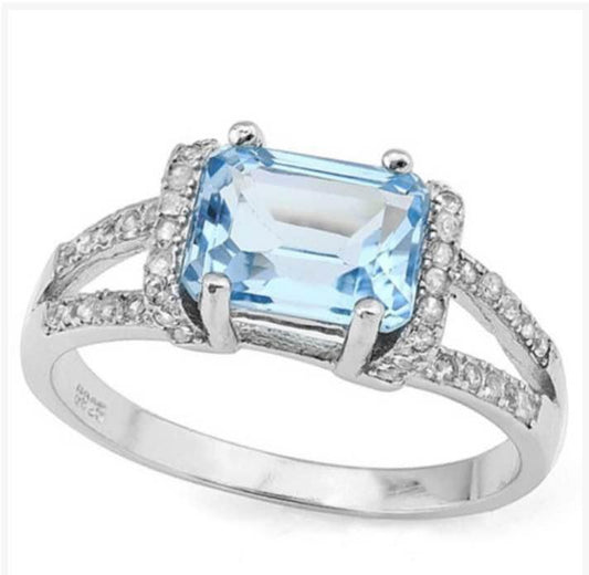 14K WHITE GOLD OVER SOLID STERLING SILVER 1/4 CT DIAMONDS & 1.85 CT BABY SWISS BLUE TOPAZ RING size