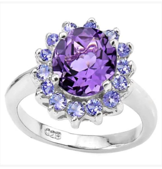 WOMENS 14K WHITE GOLD OVER SOLID STERLING SILVER 0.50 CT TANZANITE & 3.00 CT AMETHYST RING