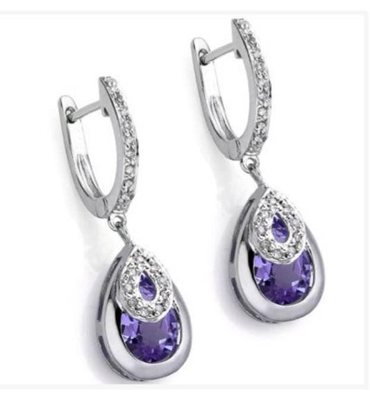 14K WHITE GOLD OVER SOLID STERLING SILVER DIAMONDS & 2.37 CT AMETHYST DANGLE EARRINGS