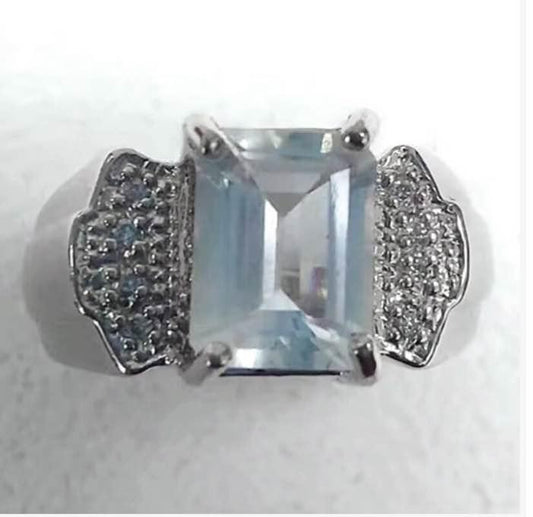 14K WHITE GOLD OVER SOLID STERLING SILVER DIAMONDS & 1.34 CT AQUAMARINE size 7