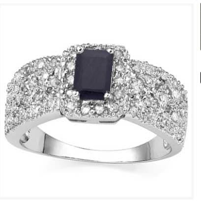 14K WHITE GOLD OVER SOLID STERLING SILVER DIAMONDS &1.06 CT GENUINE BLACK SAPPHIRE RING